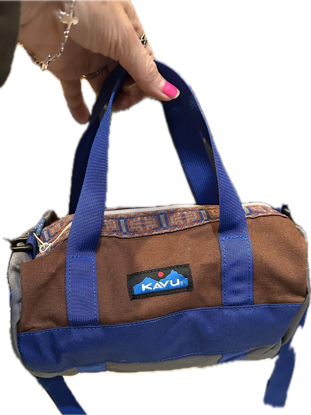 KAVU UNISEX MINI SMALL DUFFLE BAG BROWN BLUE CARRYALL PURSE TRAVEL HANDLED XBODY